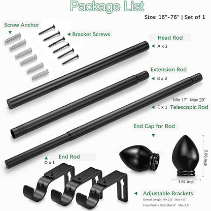 Curtain Rods for Windows 16 to 76 inches, Curtain Rod Max Adjustable Length to 88 in, Drapery Rod 1 inch Diameter with Modern Knobs Finials (Black, 16" to 76" - Set of 1)