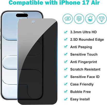 PEHAEL 3+3Pack for iPhone Air Privacy Screen Protector with Camera Lens Protector Full Coverage Anti-Spy Tempered Glass Film 9H Hardness Easy Installation Bubble Free [6.5 inch]