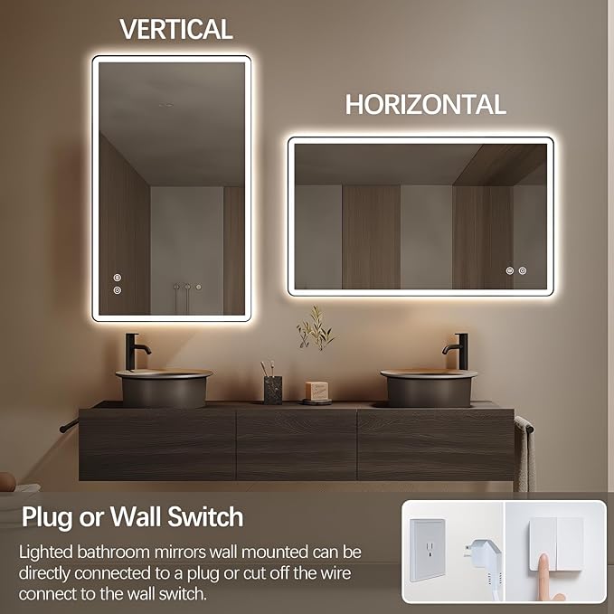 Niccy Led Mirror for Bathroom, 40"x24" Frameless Frontlit and Backlit Mirror for Wall Lighted Mirror with Bedroom 3 Color, Defogger, Explosion-Proof, HD Glass, IP65 Vanity Mirror Horizontal/Vertical