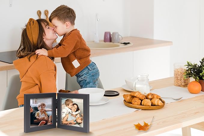 Double 4x4 Square Combo, Black Wood Picture Frame, 3.5x3.5 Opening Foldable Photo Frame on Table-top or Wall