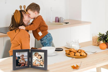 Double 4x4 Square Combo, Black Wood Picture Frame, 3.5x3.5 Opening Foldable Photo Frame on Table-top or Wall