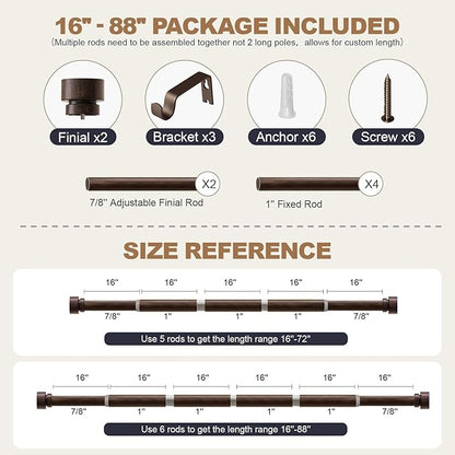 Deep Walnut Wood Grain Curtain Rods for Windows 48 to 84 Inches 1" Diameter Heavy Duty Window Curtain Rod Adjustable with Solid Finials for Living Room Bedroom Kitchen Farmhouse Outdoor