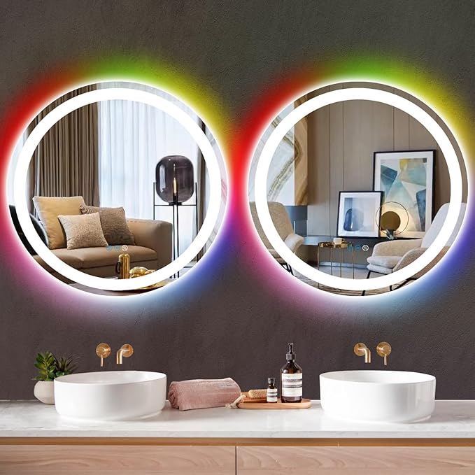 THEKLA 30 Inch Bathroom Led Round Mirror with Lights 3Color + RGB Rainbow Color Changing Backlit Round Lighted Vanity Mirror for Bathroom Wall Dimmable AntiFog 30in Circle Round Smart Light up Mirror