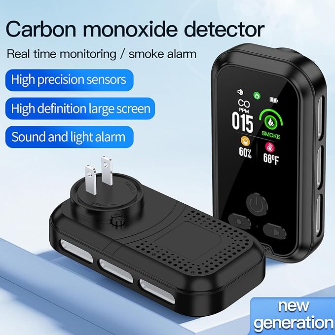 4IN1 Plug in Smoke & Carbon Monoxide Detector Combination Builti-in 2000 mAh Backup Battery HD Screen [Smoke CO Temp Humidity Sensor] Alarm for Home Travel Hotel Indoor (Black)