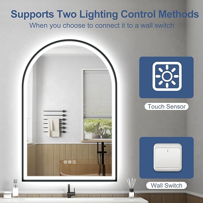 STARLEAD 36"x24" LED-Bathroom-Mirror-with-Lights, Wall-Mounted with Bluetooth, Anti-Fog, 3 Color Temperature Dimmable Brightness, Waterproof, Tempered Glass, Frontlit & Backlit, Black Frameless Arched