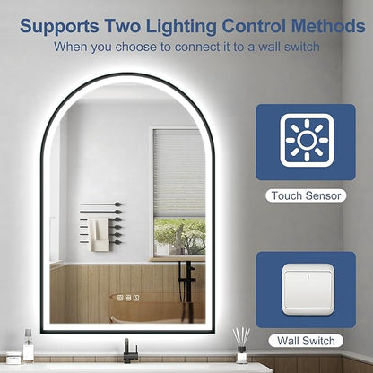 STARLEAD 36"x24" LED-Bathroom-Mirror-with-Lights, Wall-Mounted with Bluetooth, Anti-Fog, 3 Color Temperature Dimmable Brightness, Waterproof, Tempered Glass, Frontlit & Backlit, Black Frameless Arched