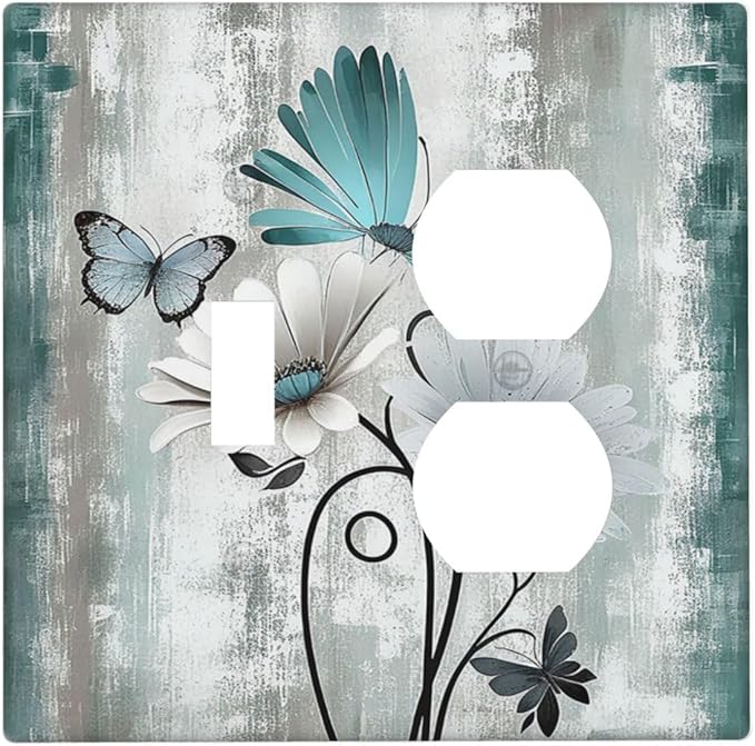 Wallplates Rustic Teal Daisy Floral Flowers Butterfly Wood Grain 1 Toggle 1 Duplex Switch Plate Electrical GFCI Faceplate Decorative Light Switch Covers for Bathroom Bedroom Decor