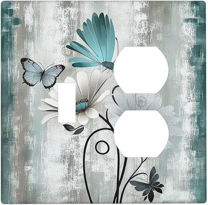 Wallplates Rustic Teal Daisy Floral Flowers Butterfly Wood Grain 1 Toggle 1 Duplex Switch Plate Electrical GFCI Faceplate Decorative Light Switch Covers for Bathroom Bedroom Decor