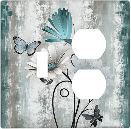 Wallplates Rustic Teal Daisy Floral Flowers Butterfly Wood Grain 1 Toggle 1 Duplex Switch Plate Electrical GFCI Faceplate Decorative Light Switch Covers for Bathroom Bedroom Decor