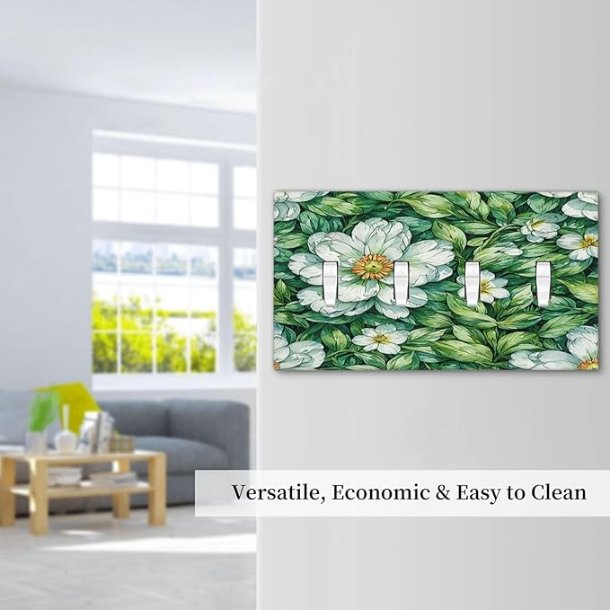 Vintage Floral White Flowers Green Plants Leaves Light Switch Covers Quad Toggle 4 Gang Wall Plate Decorative Switch Plates Electrical Faceplate for Bedroom Bathroom Decor
