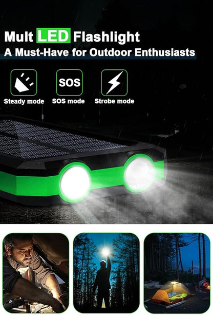 WONGKUO Solar Charger Power Bank - 36800mAh Solar Phone Charger, QC3.0 Fast Charger with LED Flashlight, IP65 Waterproof Portable Power Bank for Outdoor Activities (Matte Green)