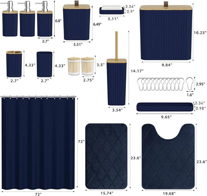 Bathroom Accessory Set - Navy Blue Bathroom Set, 27PC Bathroom Accessories Set, Bathroom Sets with Shower Curtain and Rugs, Mini Trash Can, Toilet Brush, Trash Can & Soap Dispenser