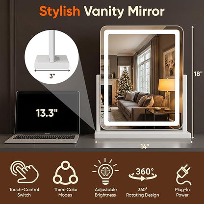 Antok Vanity Mirror with Lights, 13"X18" Lighted Makeup Mirror, Smart Touch, 3 Color Modes and Brightness Adjustable, LED Vanity Mirror with Detachable 10X Magnification, 360° Rotation for Makeup Desk