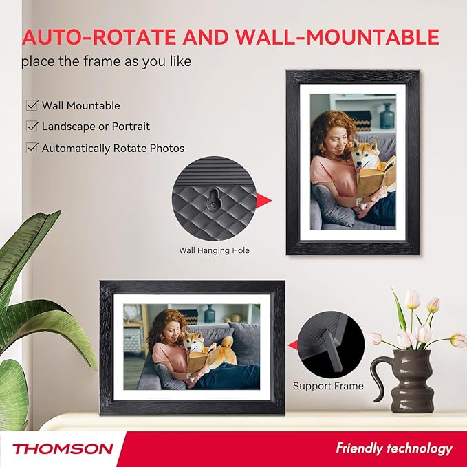 THOMSON Digital Picture Frame, Digital Photo Frame WiFi with 32 GB, HD IPS Touch Screen, Auto-Rotate, Slideshow, Share Photos/Videos from Phone by App (10.1Inch Wood)