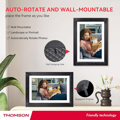 THOMSON Digital Picture Frame, Digital Photo Frame WiFi with 32 GB, HD IPS Touch Screen, Auto-Rotate, Slideshow, Share Photos/Videos from Phone by App (10.1Inch Wood)