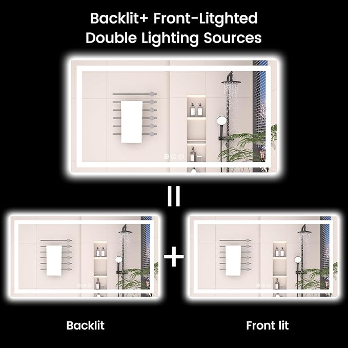 60X40 LED Bathroom Mirror with Lights, Anti-Fog, Backlit + Front Lit, Lighted Bathroom Vanity Mirror for Wall, Memory Function, Dimmable, Tempered Glass, Shatter-Proof