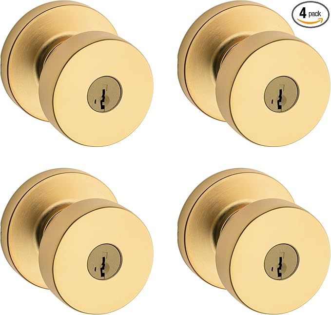 Kwikset Pismo Entry Door Knob with Lock and Key, Secure Keyed Handle Exterior, Front Entrance and Bedroom, Satin Brass, 4 Pack, Pick Resistant SmartKey Rekey Security