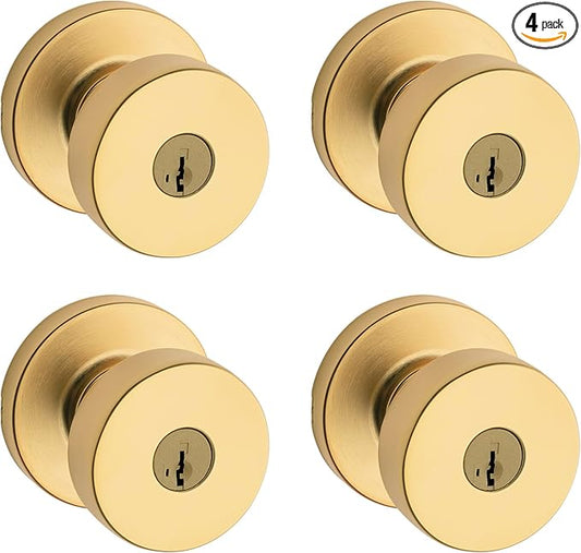 Kwikset Pismo Entry Door Knob with Lock and Key, Secure Keyed Handle Exterior, Front Entrance and Bedroom, Satin Brass, 4 Pack, Pick Resistant SmartKey Rekey Security