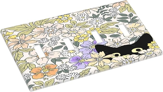 Decorative Light Switch Plate Covers Cute Black Cat in a Flower Patch Botanical Garden 4 Gang Artistic Wall Plate Unique Quad Toggle Light Switch Covers for Bedroom Home Decor
