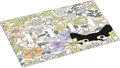 Decorative Light Switch Plate Covers Cute Black Cat in a Flower Patch Botanical Garden 4 Gang Artistic Wall Plate Unique Quad Toggle Light Switch Covers for Bedroom Home Decor