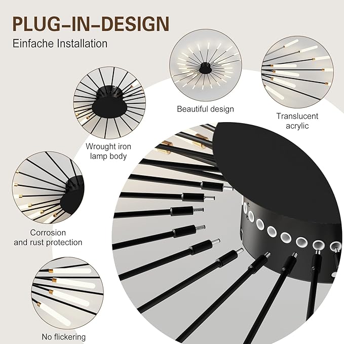 Modern Ceiling Light Flower Shape, Metal Firework Ceiling Lamp with Plug-in LED Source, Lighting Fixture for Living Room Dining Room Bedroom, Natural Light