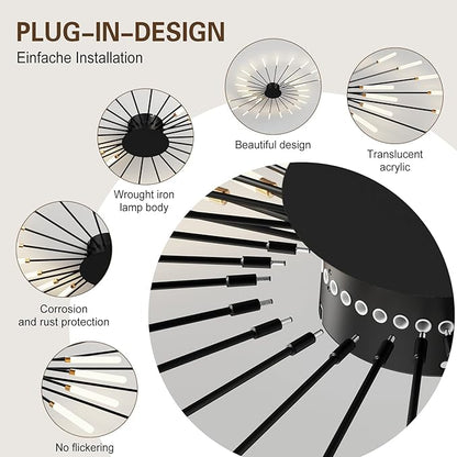 Modern Ceiling Light Flower Shape, Metal Firework Ceiling Lamp with Plug-in LED Source, Lighting Fixture for Living Room Dining Room Bedroom, Natural Light