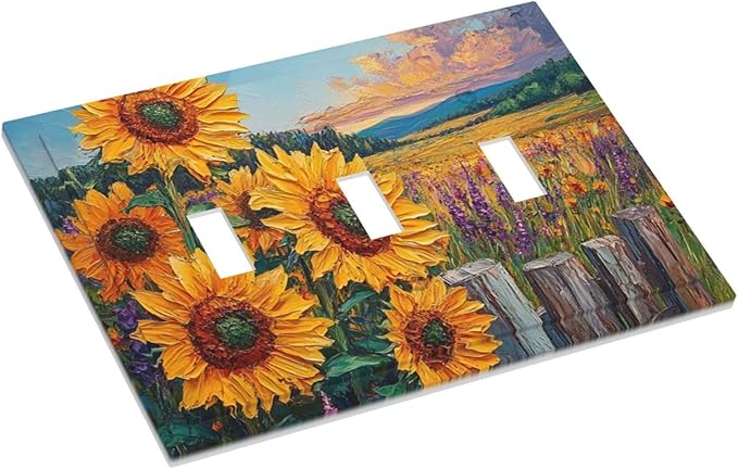 Decorative Light Switch Cover Plate Rustic Wilderness Sunflower Lavender Muzha Oil Painting 3 Gang Wall Plate Oversized Triple Toggle Switch Cover Plate Jumbo Faceplate