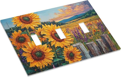 Decorative Light Switch Cover Plate Rustic Wilderness Sunflower Lavender Muzha Oil Painting 3 Gang Wall Plate Oversized Triple Toggle Switch Cover Plate Jumbo Faceplate