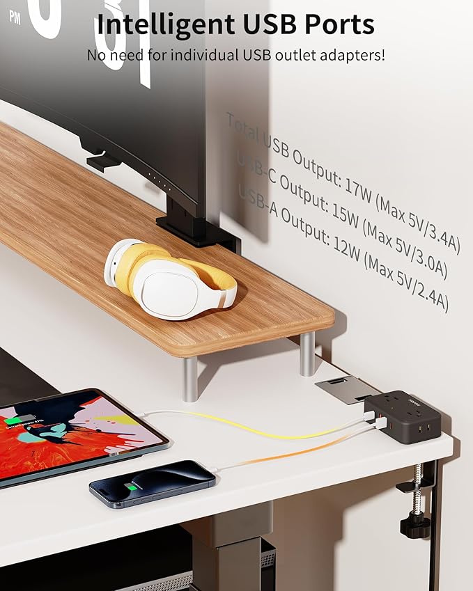 Desk Clamp Power Strip, 2 Pack Desktop Mount Charging Station with 4 Outlets 4 USB Ports (2 USB C), 10Ft Under Desk Power Strip, Fits 2.75" Tabletop Edge, Extension Cord for Home Office, Black