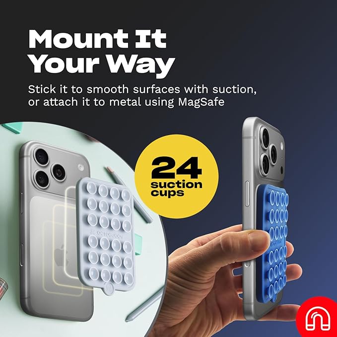 OCTOBUDDY Magnet - Dual Magnetic & Suction Phone Mount - Magnetic-Compatible Silicone Mobile Holder - Hands-Free Selfies & Videos - Content Creator Accessory - 2.6″ x 3.9″, Transparent