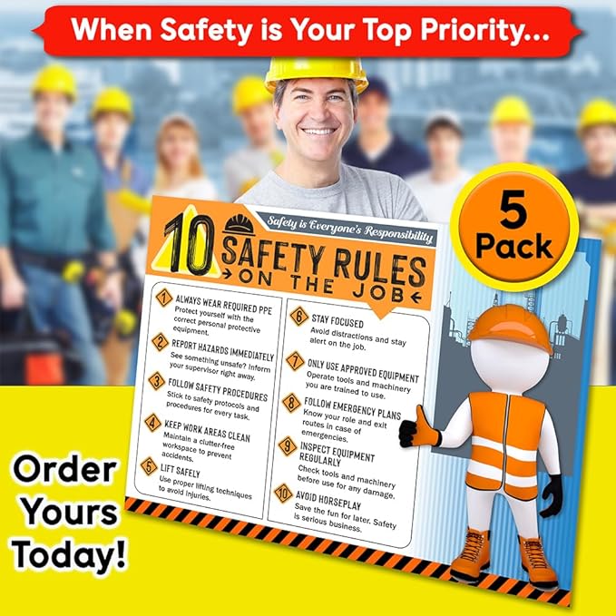 10 Safety Rules on the Job Poster 2026 Version – 18x24 Durable Laminated Safety Sign, Tear-Resistant, Waterproof Workplace Safety Poster for Industrial and Construction Settings (Pack of 5)