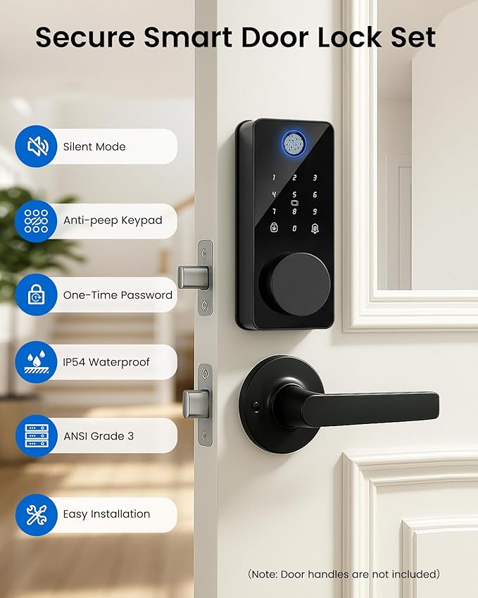 Smart Door Lock, Fingerprint Keyless Entry Deadbolt for Front Door App Control, Electronic Touchscreen Keypad, Auto Locking, IP54 Waterproof, Easy Install Digital Lock