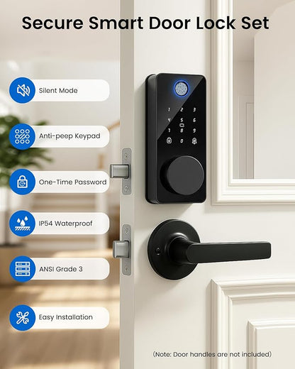 Smart Door Lock, Fingerprint Keyless Entry Deadbolt for Front Door App Control, Electronic Touchscreen Keypad, Auto Locking, IP54 Waterproof, Easy Install Digital Lock