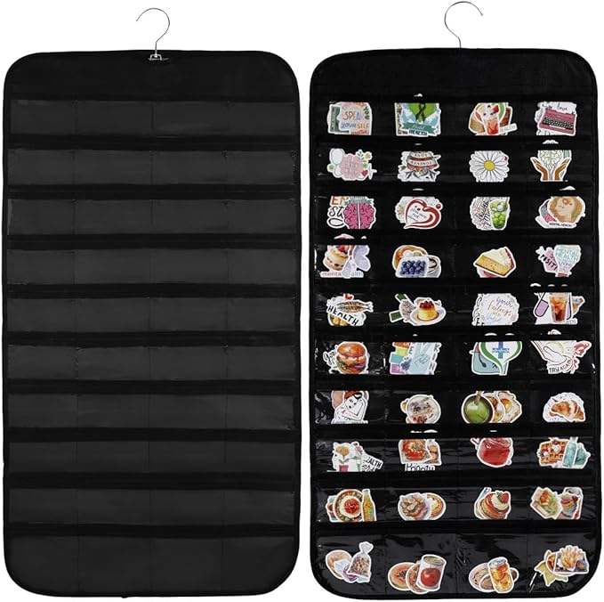 UCEC 2PCS Hanging Sticker Organizer Display Stand Double Sided 80 Pocket Hanging Sticker Chart with Clear Pockets, Wall Sticker Holder for Vendors, Jewelry Organizers and Storage (Black)