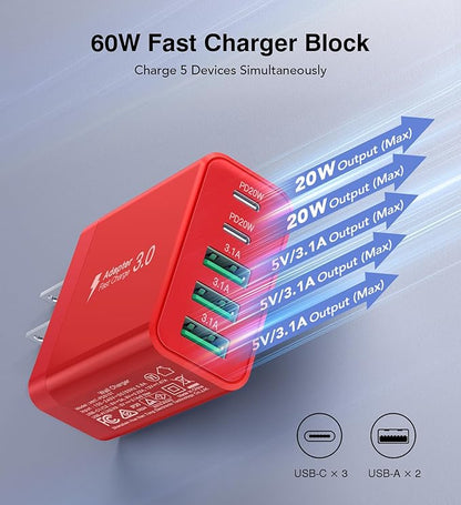 [2-Pack] USB C Wall Charger, 60W Fast USB C Charger Block, 5-Port PD Power Adapter + QC Wall Plug Multiport Type C Charging Block Cube Compatible with iPhone 17 16 15 14 13 12 Pro Max XR XS, Red