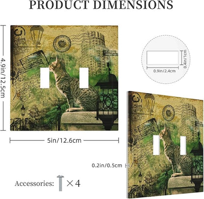 Decorative Switch Plate Covers Vintage Style Cat City Stamp 2 Gang Double Toggle Light Switch Cover Plate Electrical Wall Plate Outlet Cover for Bedroom Home Decor