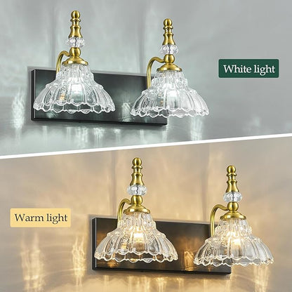 Vintage Bathroom Vanity Light, 2-Light Black Gold Vanity Lighting Fixture with Flower Glass Shade, Bathroom Lighting Fixtures Over Mirror