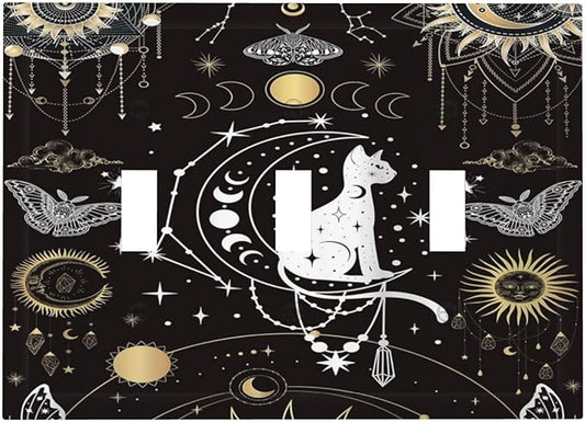 White Cat Tarot Moon Phases Moth Celestial Gothic Decorative Switch Plates 3 Gang Wall Plate Triple Toggle Light Switch Cover Faceplate Electrical Wall Panels for Kids Room Bedroom Decor