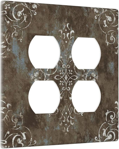 Decorative Outlet Covers Brown Vintage Abstract Floral 2 Gang Wall Plate Cover Double Duplex Receptacle Two Switch Light Switch Cover Plate Jumbo Dual Faceplate for Home Decor