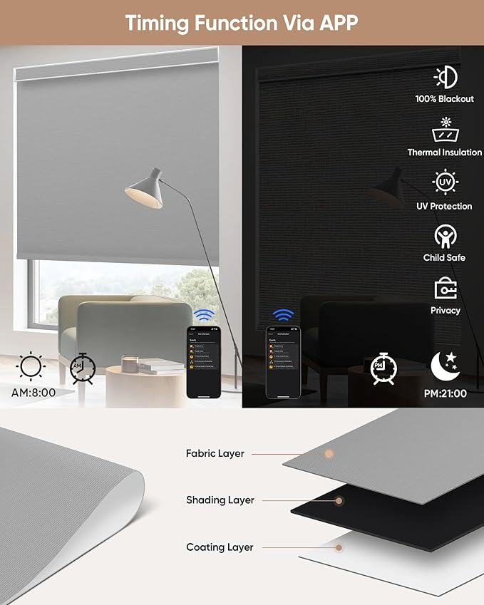 Kincmo Motorized Blinds with Remote,100% Blackout Motorized Roller Shades Work with Apple Homekit,Alexa,Google, Custom Electric Blinds with App,Voice Control (Pure Grey)