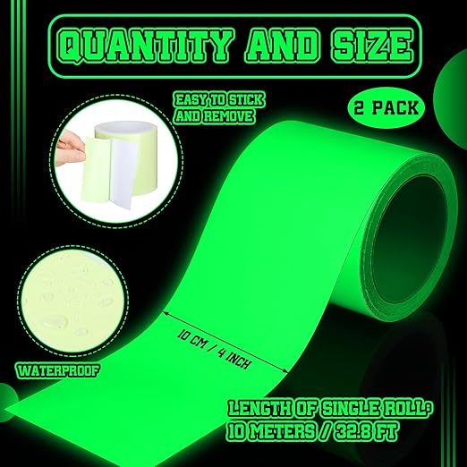 2 Rolls Glow in The Dark Tape 32.8 ft x 4 Inch Luminous Phosphorescence Green Long Lasting Bright Glow Tape for Halloween Night Decorations, Theater Stages, Stairs, Walls, Steps and Exit Sign