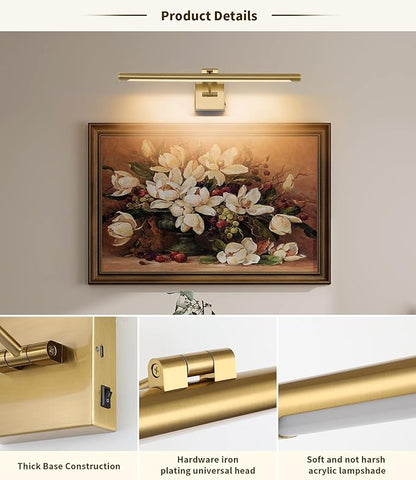 Joosenhouse Battery Operated Picture Lights for Wall Rechargeable Art Lighting for Paintings Wireless Gallery Lights with Remote Control and Dimmable Timed Off Brass Wall Lights 24.4 inch