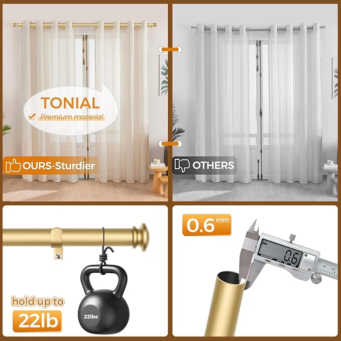 TONIAL Curtain Rod 32 to 115 Inch, Telescoping Splicing 3/4 Drapery Rods for Windows Decorative Single Rod with Small Cap End, Antique Gold