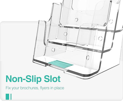 Brochure Holder 6x8 Inch 3 Tier Acrylic Literature Holders Clear Plastic Flyer Display Stand Countertop Use or Wall Mount Pamphlet Holder Organizer for Office, Lobby, Hotel, Trade Show, 1 Pack