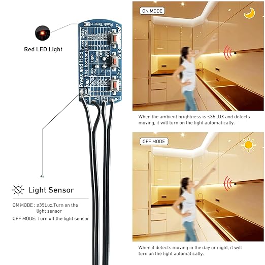 SENSKY BS010BB DC 12V/24V 3A Mini Dimmable Pir Motion Sensor Switch,Occupancy Sensor Switch for Kitchen Cabinet, Pantry, Closet led Lighting (Black-with Light Sensor)