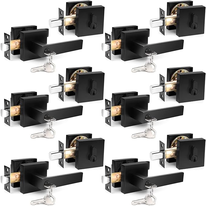 Probrico Flat Black Entry Levers Lock Sets and Single Cylinder Deadbolts Keyed Alike Combination Set, Heavy Duty Square Entry Door Locksets Front Door Bedroom Entrance Handles, 6 Pack(All Same Keys)