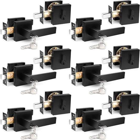 Probrico Flat Black Entry Levers Lock Sets and Single Cylinder Deadbolts Keyed Alike Combination Set, Heavy Duty Square Entry Door Locksets Front Door Bedroom Entrance Handles, 6 Pack(All Same Keys)