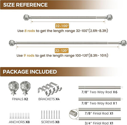 KAMANINA Curtain Rods for Windows 66 to 120 Inch, 7/8 Inch Antique Silver Heavy Duty Window Curtain Rod 32 to 120 (2.6-10ft), Adjustable Decorative Drapery Rods with Netted Texture End