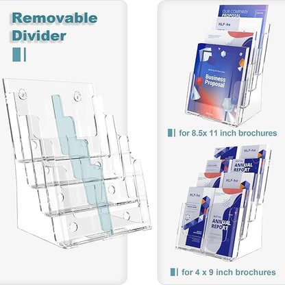 Brochure Holder 8.5x11 Inch 4 Tier with Removable Divider for 4x9 inch Clear Acrylic Pamphlet Display Stand Holder Countertop Use or Wall Mount for Office, Lobby, Hotel, Trade Show, 2 Pack