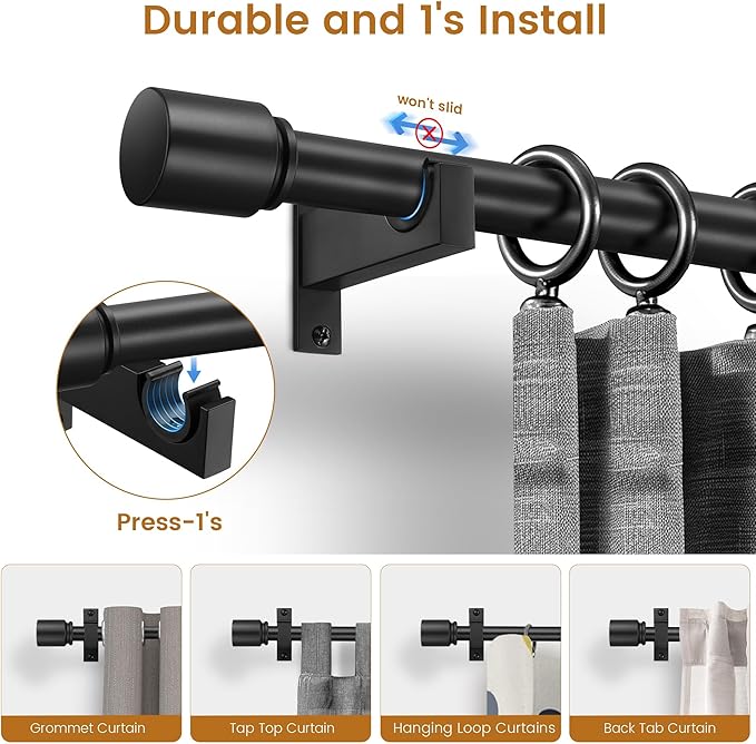 Black Aluminium Curtain Rods for Windows,1 Inch Adjustable Curtain Rod 32-45,Heavy Duty Drapery Rods with Thicken Bracket,Decorative Modern Single Rod with Aluminium Finials